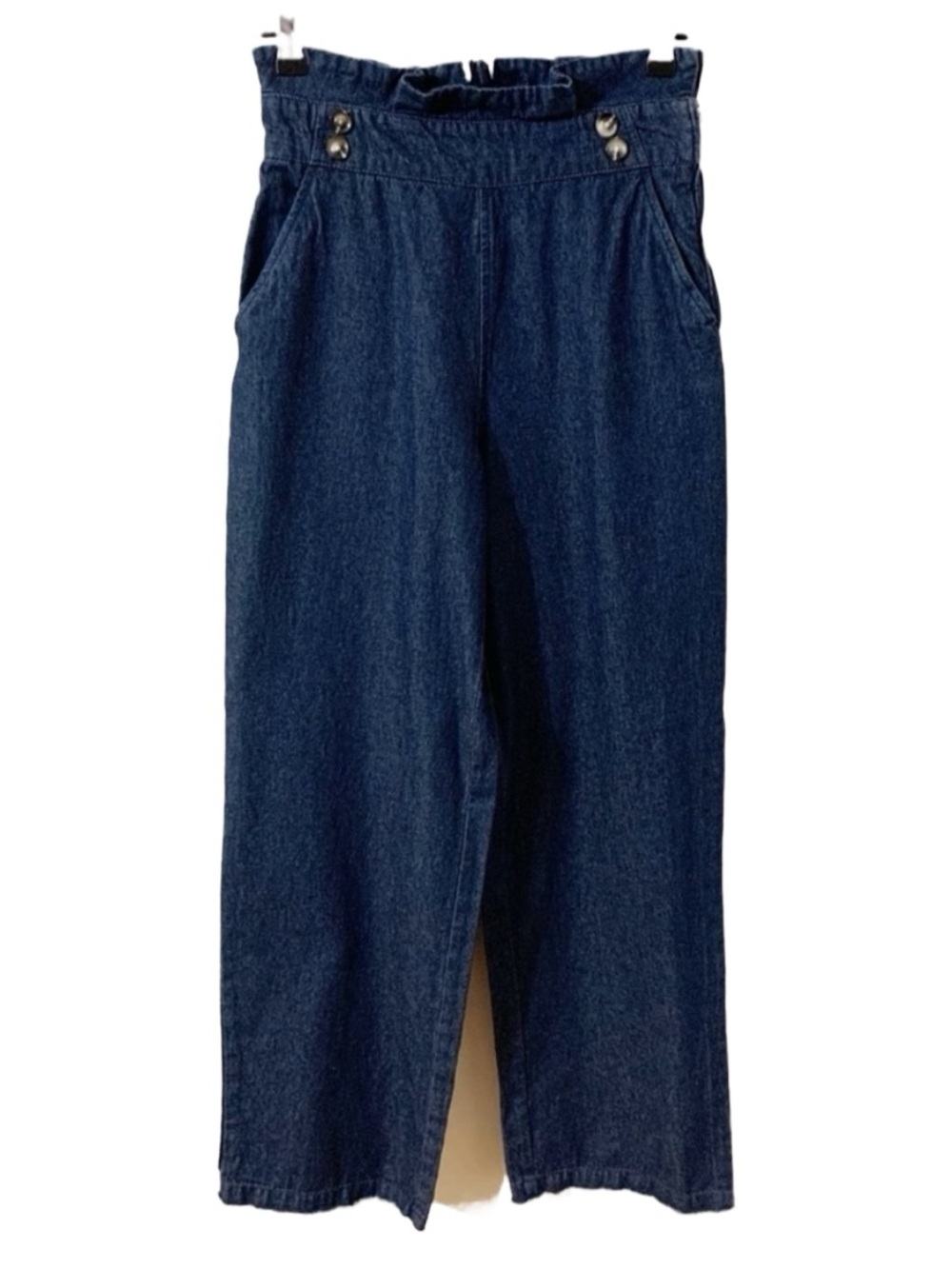 Vintage High Waist Dark Wash Wide Leg Denim Jeans Side Zip Paper Bag Silhouette